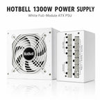 HotBell 1300W white fully modular ATX power supply with front cooling fan and modular connector panel on a white background