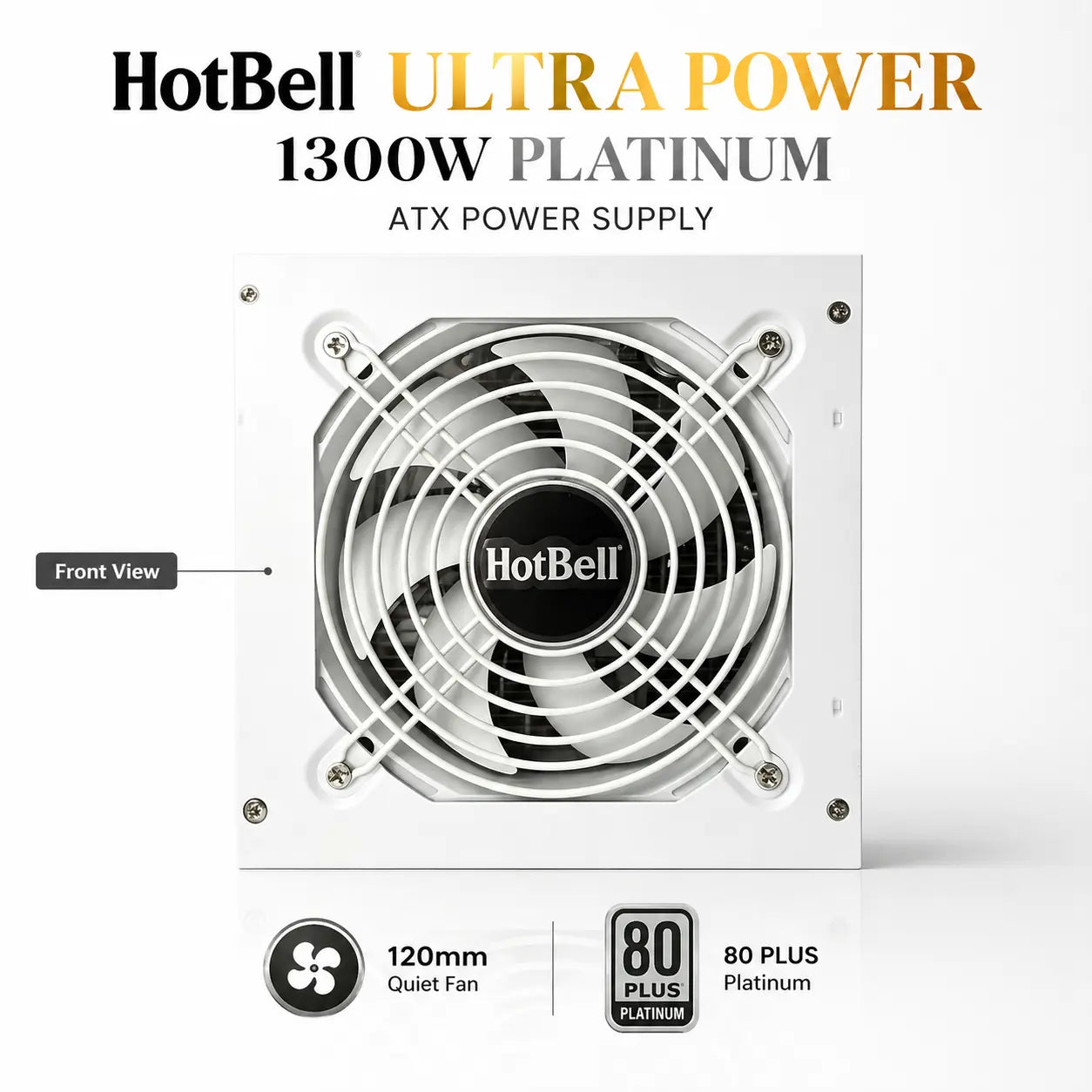 Front view of HotBell 1300W Platinum ATX power supply featuring a 120mm cooling fan and white fan grille