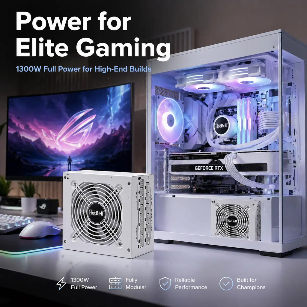 HotBell 1300W power supply displayed beside a white high-end gaming PC with RGB cooling and dual monitors