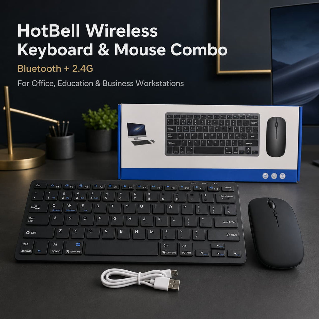 HotBell Wireless Keyboard & Mouse Combo with packaging, keyboard, mouse, and cable on a desk.