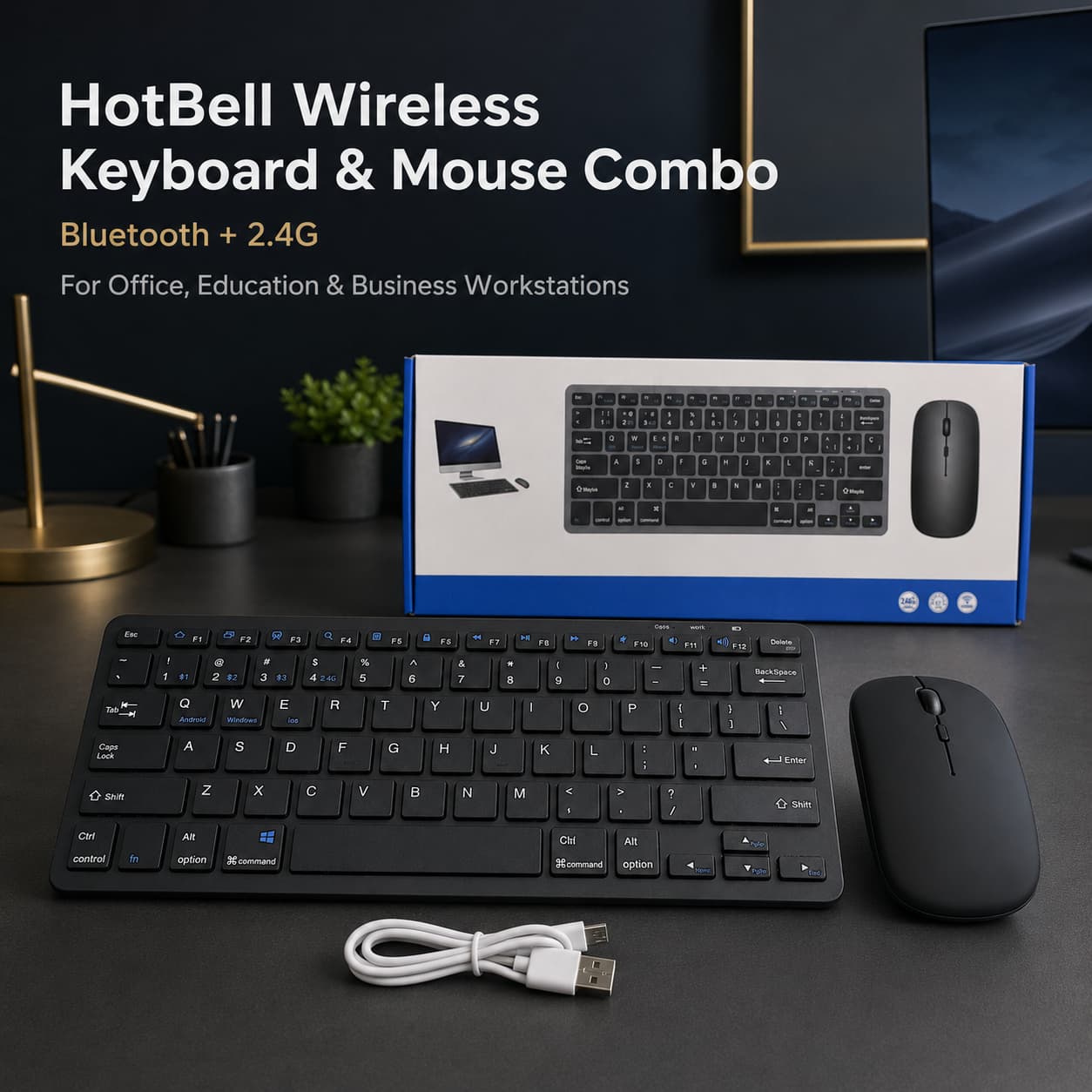 HotBell Wireless Keyboard & Mouse Combo with packaging, keyboard, mouse, and cable on a desk.