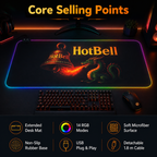 HotBell RGB gaming desk mat on a desktop setup with keyboard and mouse, highlighting lighting modes, microfiber surface, and non-slip base