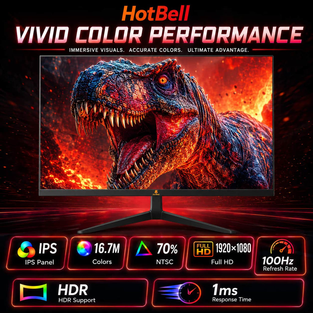 HotBell 24-inch IPS gaming monitor with Full HD 1080p, 100Hz refresh rate, 1ms response time, HDR, and 16.7 million colors