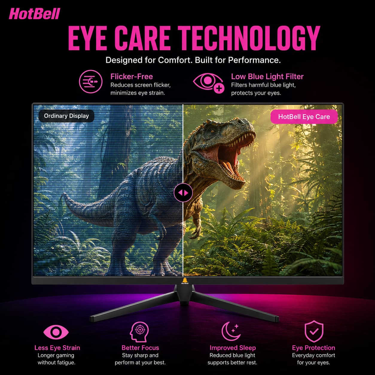 HotBell 24-inch gaming monitor with flicker-free technology and low blue light filter for improved viewing comfort