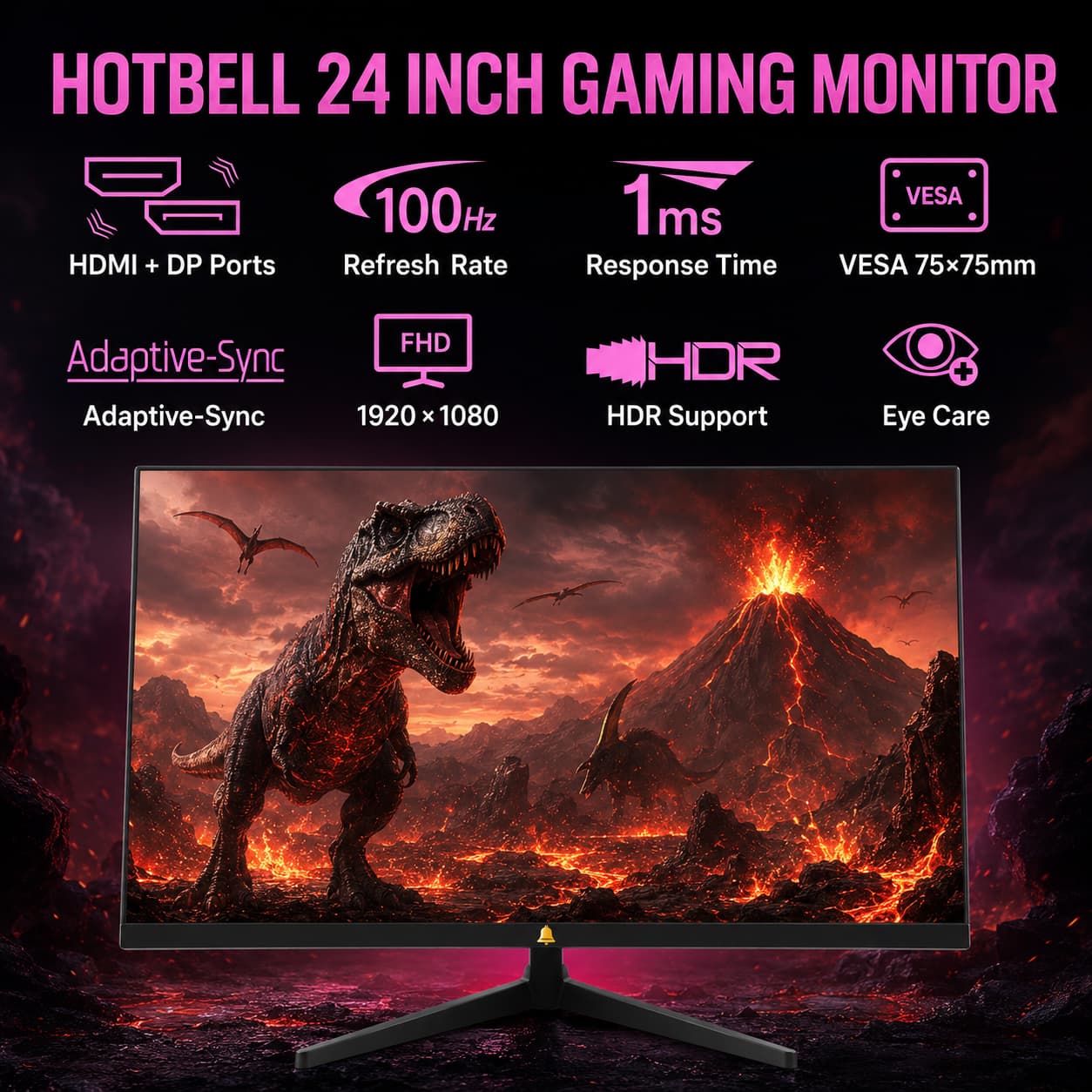 HotBell 24-inch Full HD gaming monitor with 100Hz, 1ms response time, HDMI and DisplayPort, HDR, VESA mount, and eye care