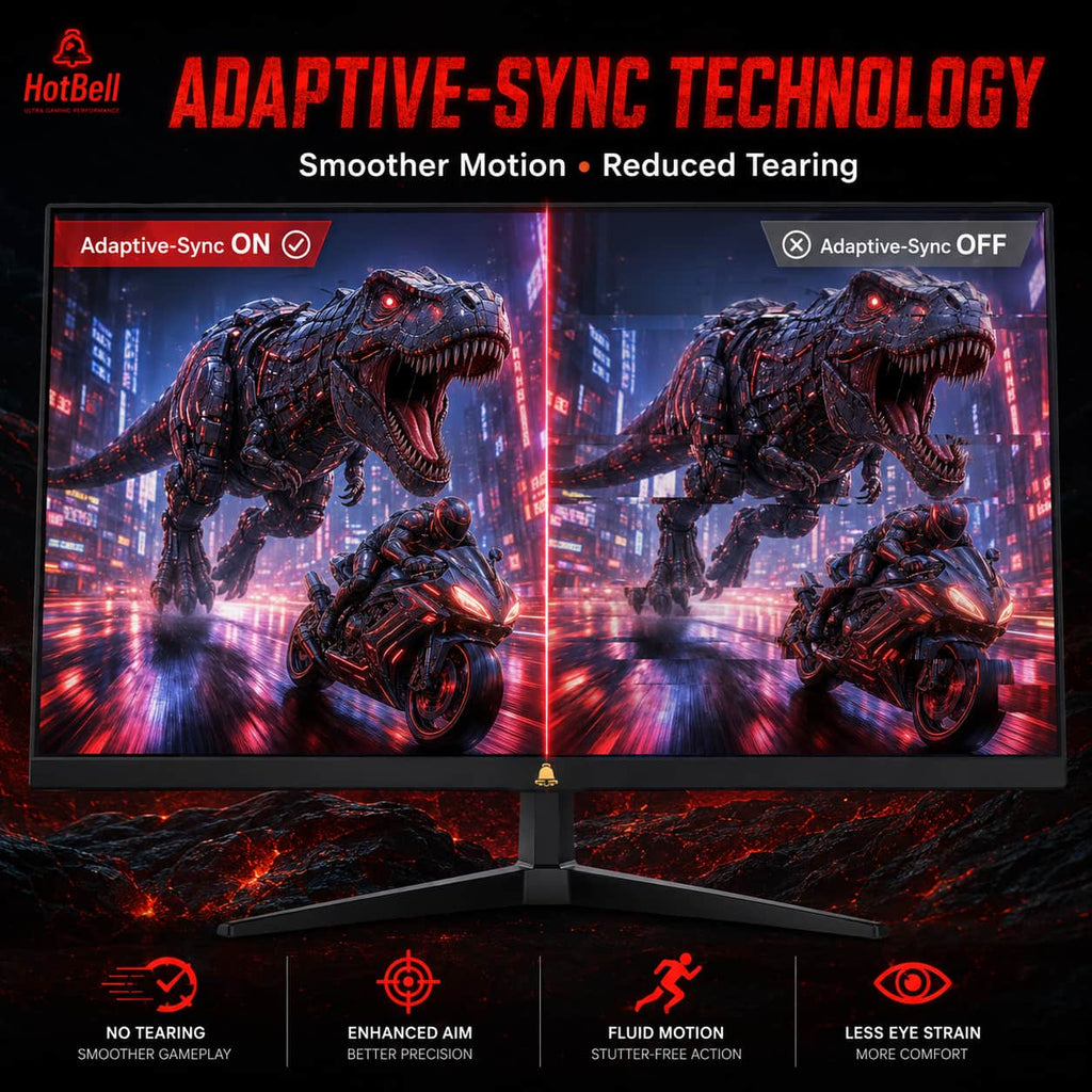 HotBell 24-inch gaming monitor Adaptive-Sync comparison showing smoother motion, reduced screen tearing, and fluid gameplay