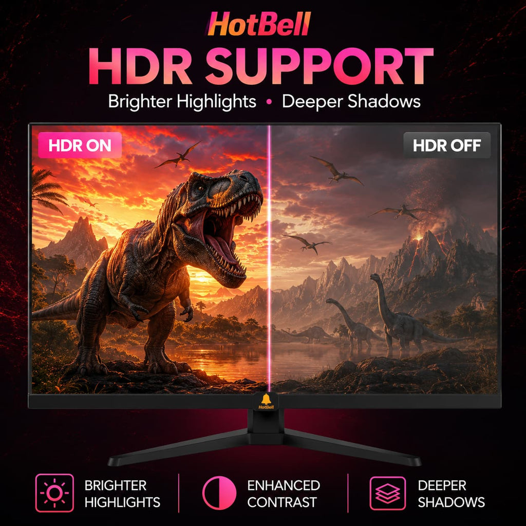 HotBell 24-inch gaming monitor HDR comparison showing brighter highlights, enhanced contrast, and deeper shadows