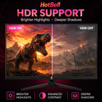 HotBell 24-inch gaming monitor HDR comparison showing brighter highlights, enhanced contrast, and deeper shadows