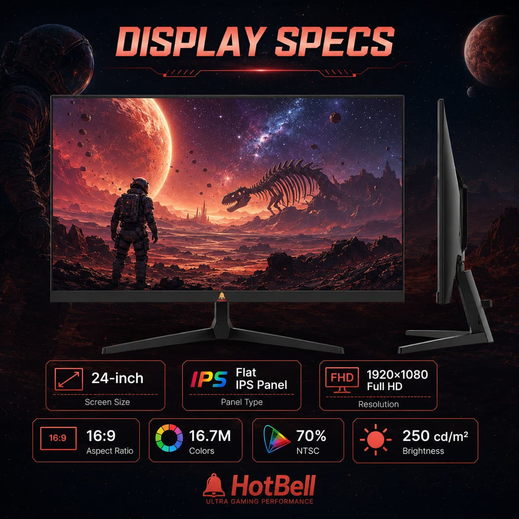 HotBell 24-inch IPS gaming monitor with 1920 x 1080 resolution, 16:9 aspect ratio, 70% NTSC, and 250 cd/m2 brightness