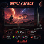 HotBell 24-inch IPS gaming monitor with 1920 x 1080 resolution, 16:9 aspect ratio, 70% NTSC, and 250 cd/m2 brightness