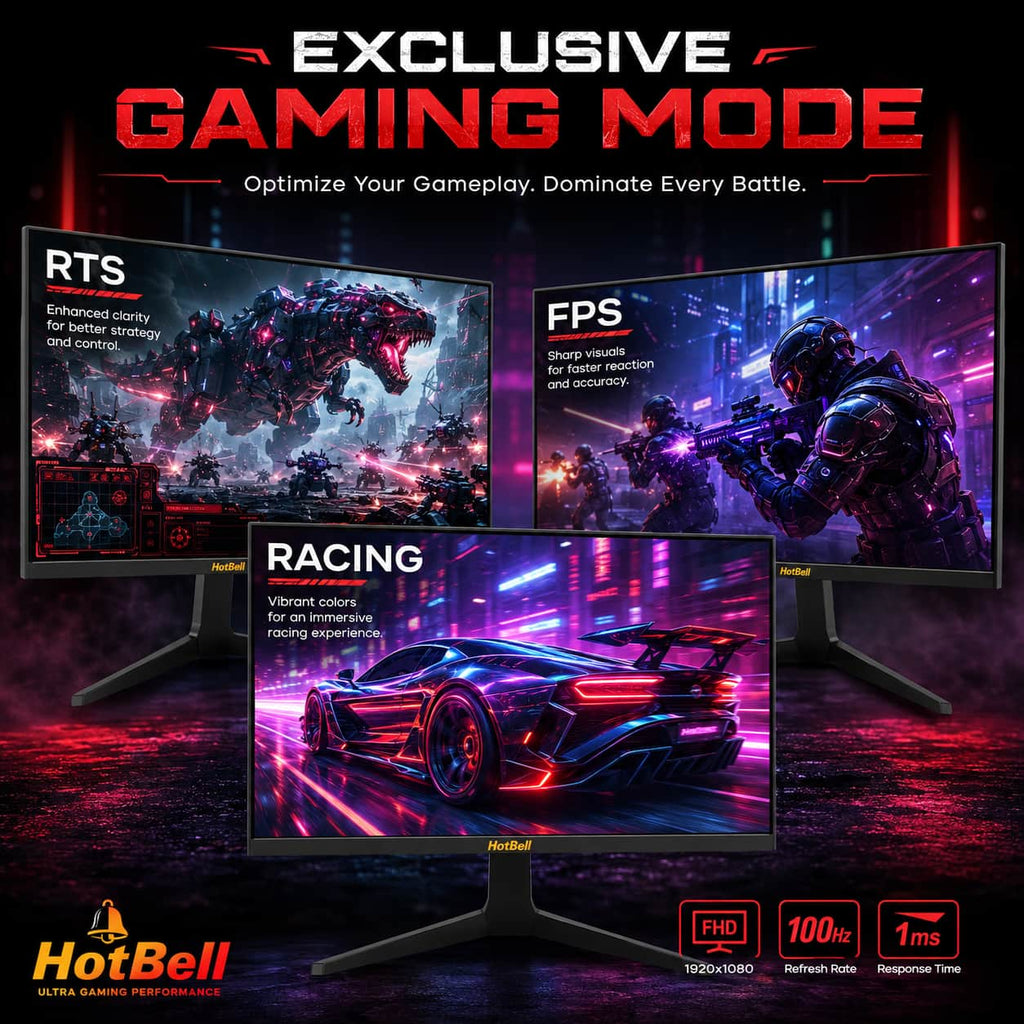 HotBell 24-inch gaming monitor with RTS, FPS, and racing modes, Full HD resolution, 100Hz refresh rate, and 1ms response time