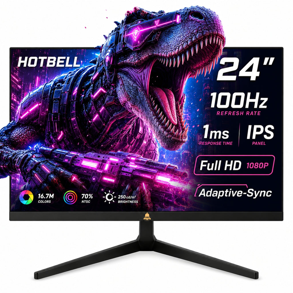 HotBell 24-inch gaming monitor with 100Hz refresh rate, 1ms response time, IPS panel, Full HD 1080p, and Adaptive-Sync