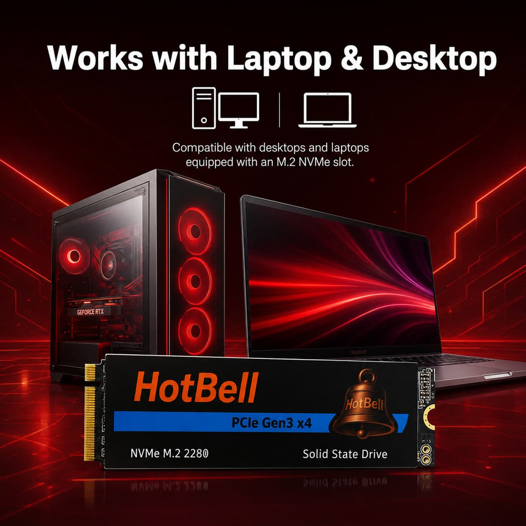 HotBell NV3500 2TB PCIe Gen3 x4 NVMe SSD shown with a desktop PC and laptop equipped with compatible M.2 NVMe slots.