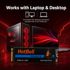 HotBell NV3500 2TB PCIe Gen3 x4 NVMe SSD shown with a desktop PC and laptop equipped with compatible M.2 NVMe slots.