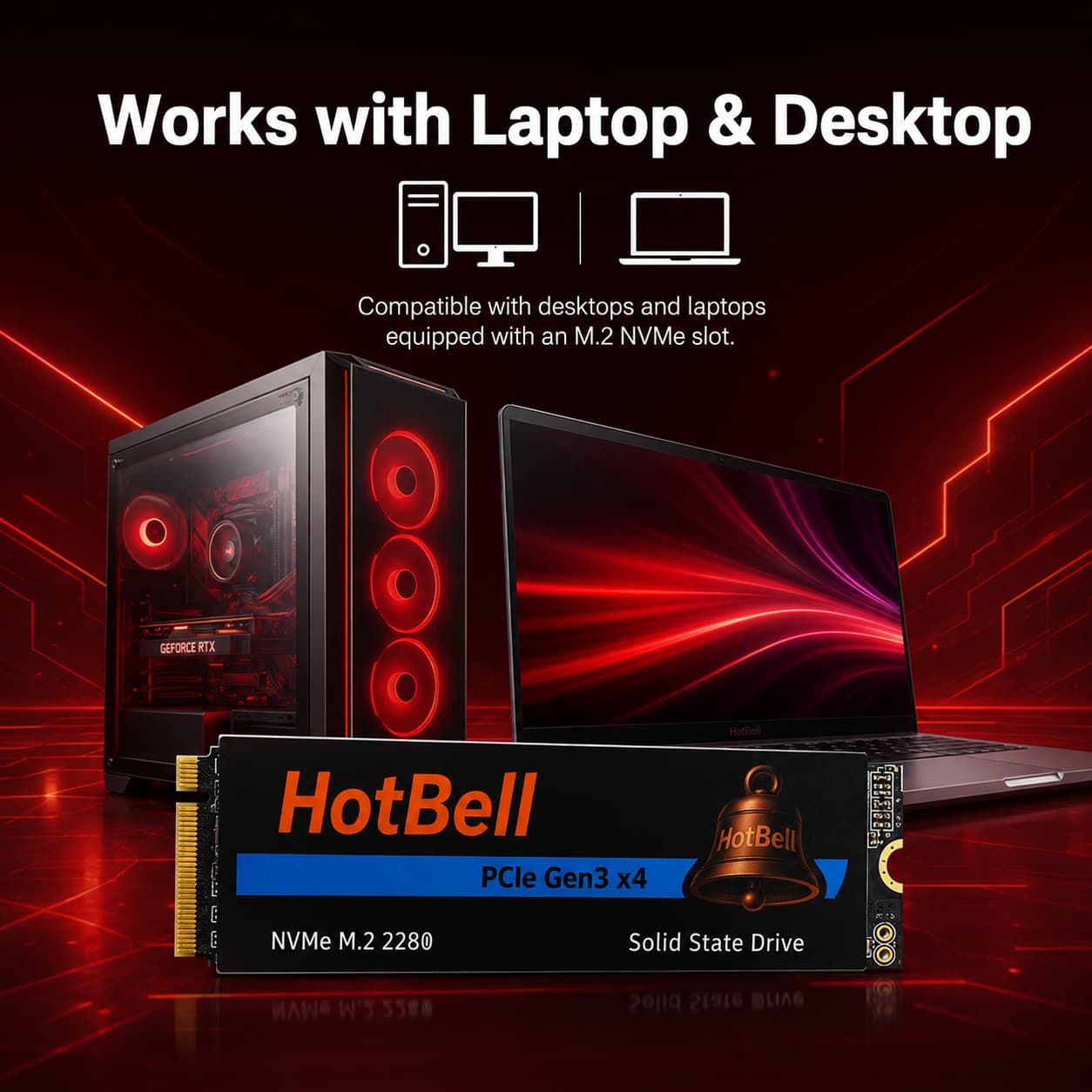 HotBell NV3500 2TB PCIe Gen3 x4 NVMe SSD shown with a desktop PC and laptop equipped with compatible M.2 NVMe slots.