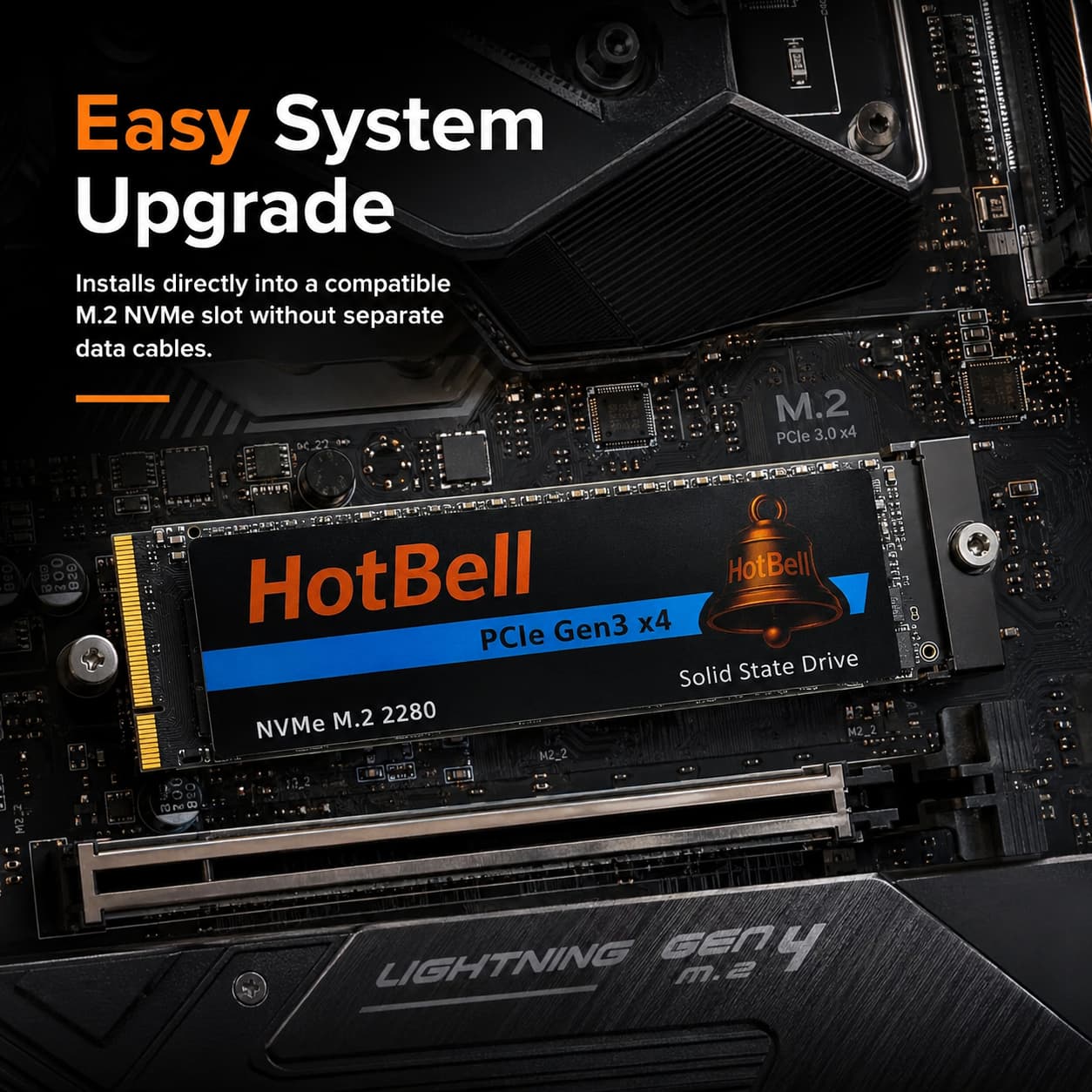 HotBell NV3500 2TB NVMe M.2 2280 SSD installed directly into a compatible motherboard slot without separate SATA cables.