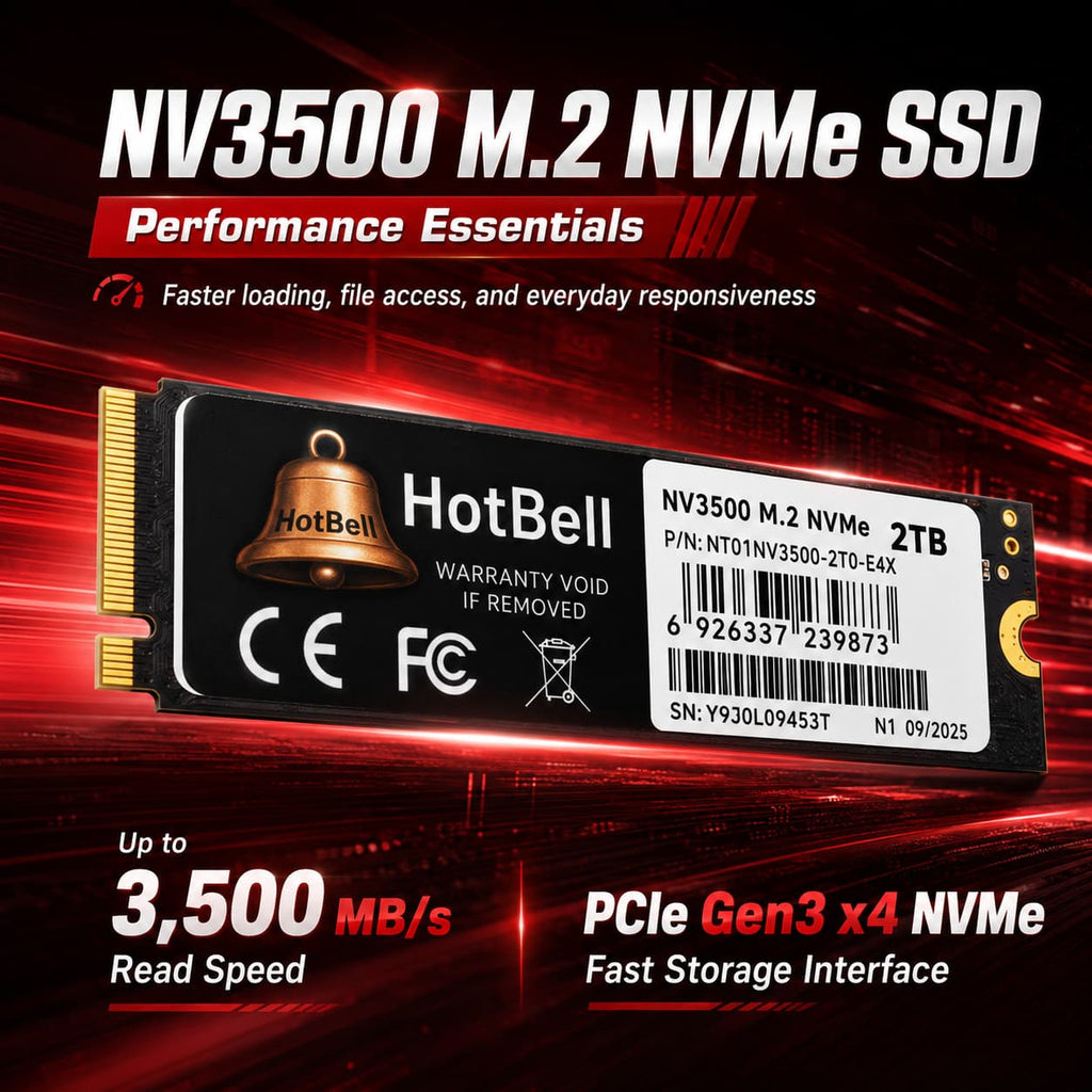 HotBell NV3500 2TB PCIe Gen3 x4 NVMe M.2 2280 SSD with read speeds up to 3500 MB/s for faster loading and file access.