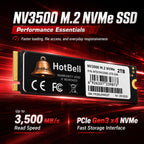 HotBell NV3500 2TB PCIe Gen3 x4 NVMe M.2 2280 SSD with read speeds up to 3500 MB/s for faster loading and file access.