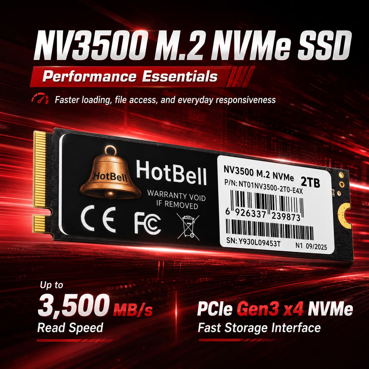 HotBell NV3500 2TB PCIe Gen3 x4 NVMe M.2 2280 SSD with read speeds up to 3500 MB/s for faster loading and file access.