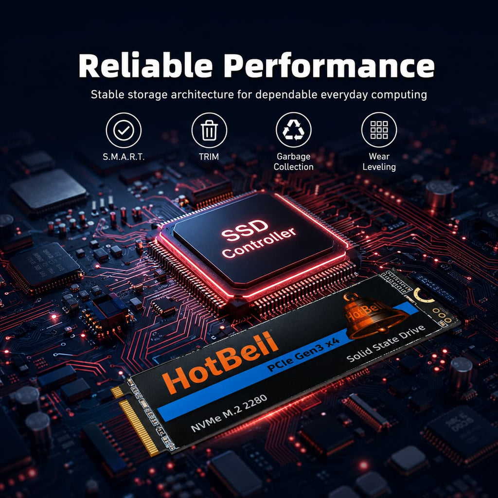 HotBell NV3500 2TB NVMe SSD highlighting S.M.A.R.T., TRIM, garbage collection, and wear-leveling storage features.