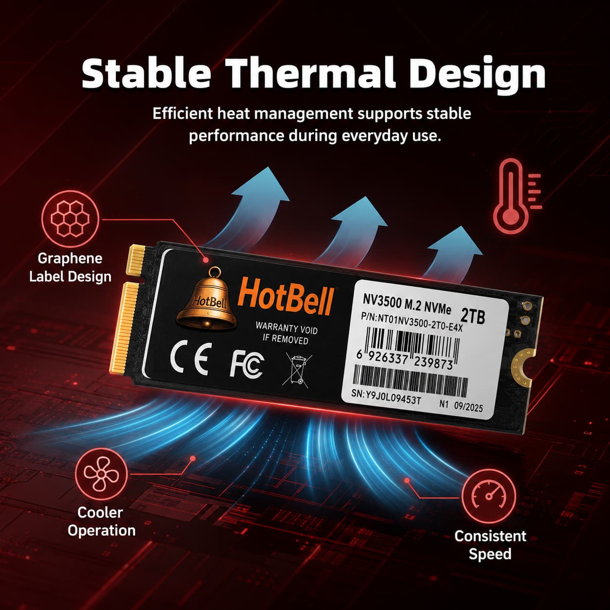 HotBell NV3500 2TB NVMe SSD highlighting a graphene label design for heat management and stable everyday performance.