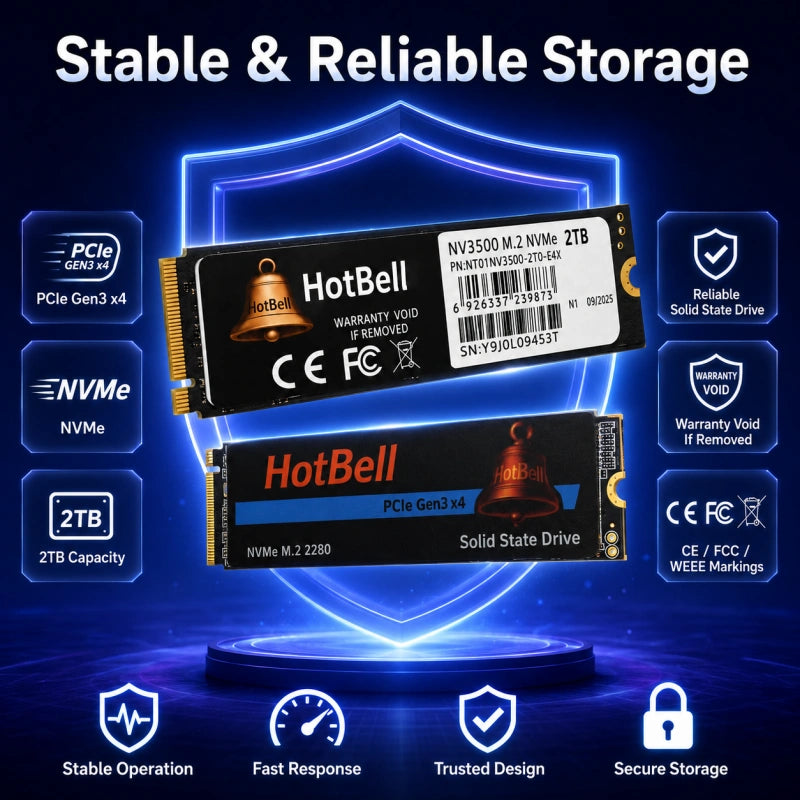 HotBell solid state drives with certification logos and features on a dark background