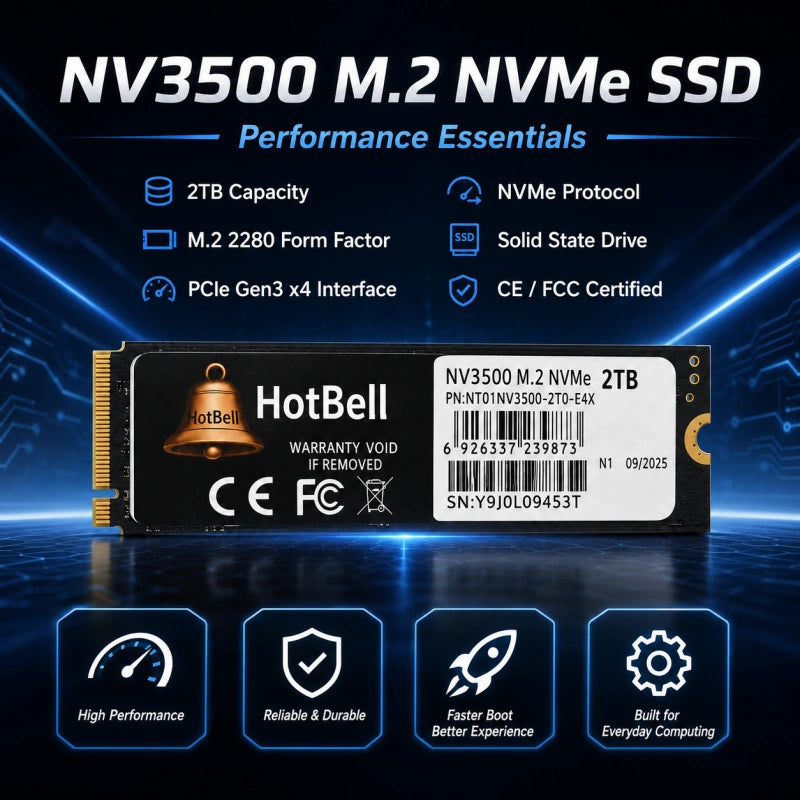 HotBell NV3500 M.2 NVMe SSD with specifications on a dark background