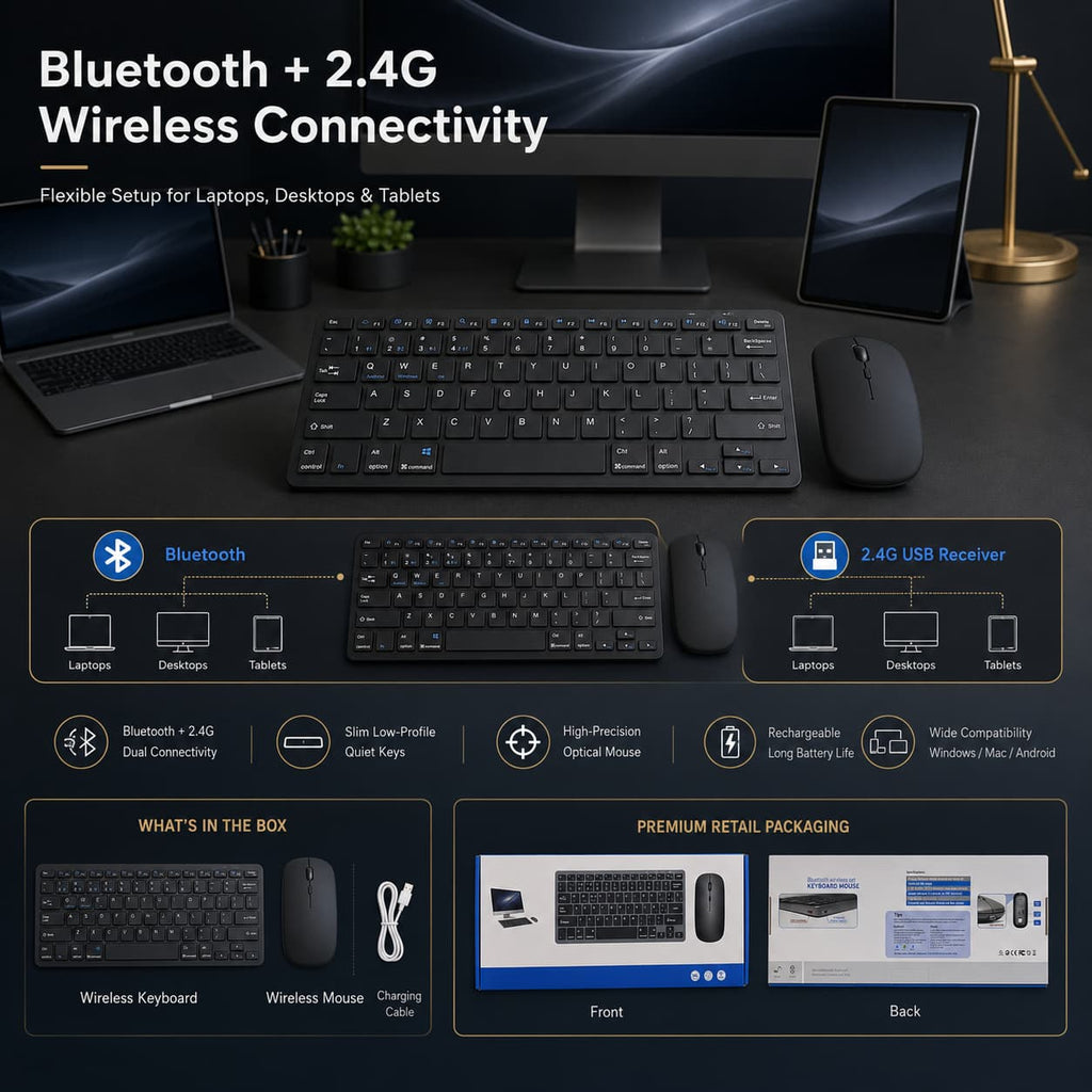 Black wireless keyboard, mouse, and monitor setup with connectivity details on a dark surface.