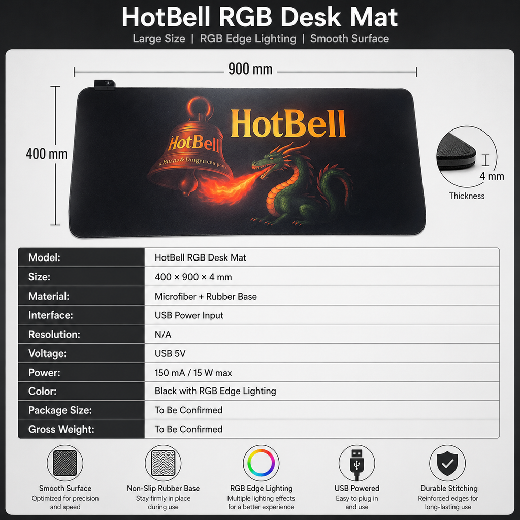 HotBell RGB desk mat dimensions and specifications showing 900 mm length, 400 mm width, and 4 mm thickness