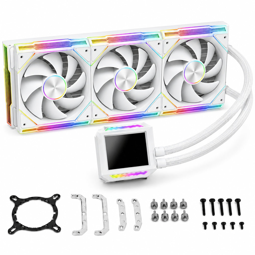 HotBell HB3XCF1 white 360mm ARGB liquid CPU cooler with digital display, triple fans, tubes, and mounting hardware
