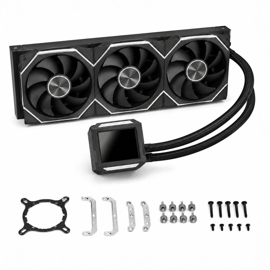 HotBell HB3XCF1 black 360mm liquid CPU cooler with digital display, triple fans, braided tubes, and mounting hardware