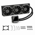 HotBell HB3XCF1 black 360mm liquid CPU cooler with digital display, triple fans, braided tubes, and mounting hardware