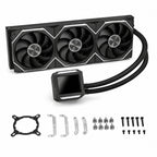 HotBell HB3XCF1 black 360mm liquid CPU cooler with digital display, triple fans, braided tubes, and mounting hardware