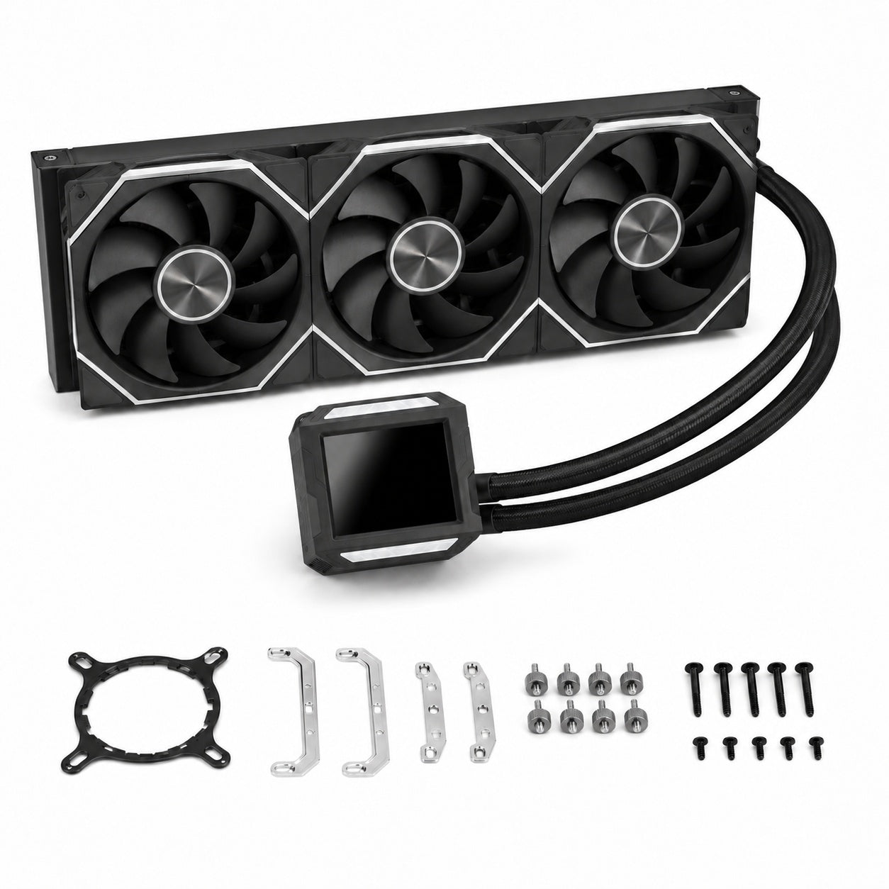 HotBell HB3XCF1 black 360mm liquid CPU cooler with digital display, triple fans, braided tubes, and mounting hardware