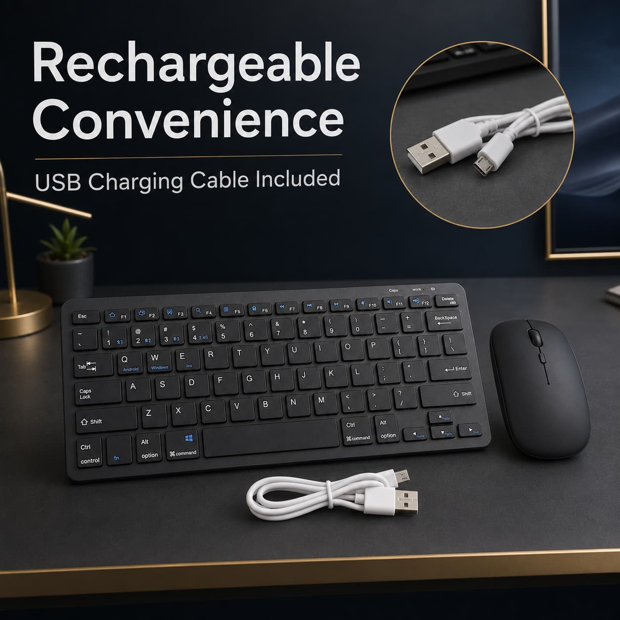 Black keyboard and mouse set with USB cable on a desk, emphasizing rechargeable convenience.