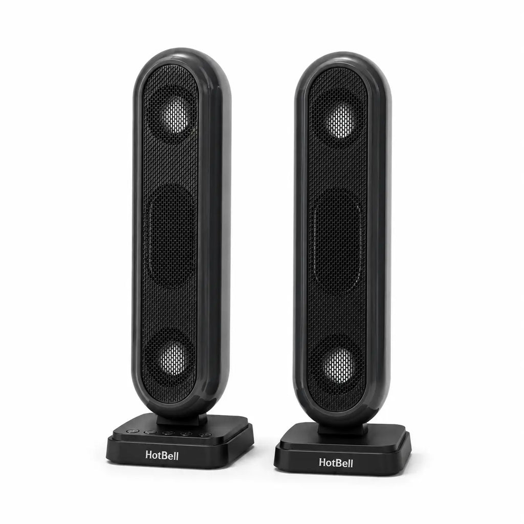 HotBell HBC300 black desktop speaker pair with dual drivers and base controls on a white background