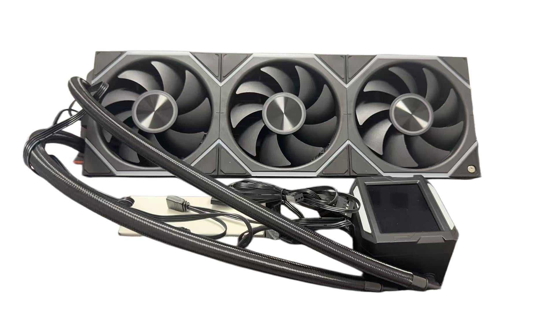 HotBell HB3XCF1 black 360mm liquid CPU cooler with triple-fan radiator, digital display pump, cables, and tubing