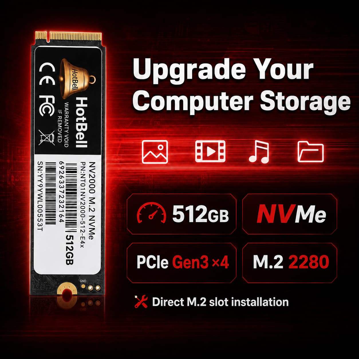 HotBell NV2000 512GB NVMe M.2 2280 SSD for upgrading computer storage, applications, media files, and everyday system performance.