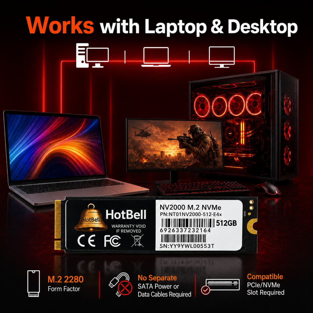 HotBell NV2000 512GB NVMe SSD shown with laptop and desktop computers for compatible systems with an M.2 PCIe NVMe slot.