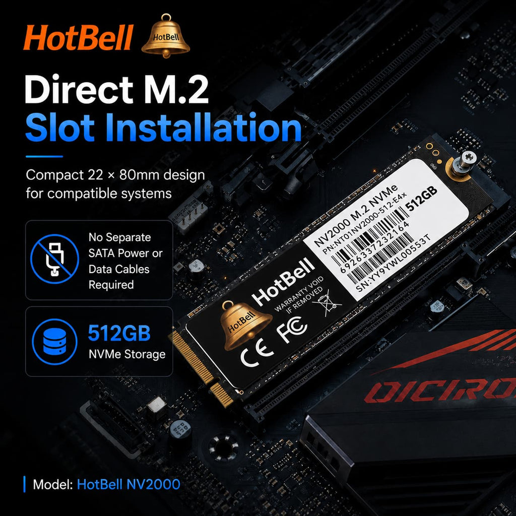 HotBell NV2000 512GB M.2 2280 NVMe SSD installed directly into a compatible motherboard slot without separate SATA power or data cables.