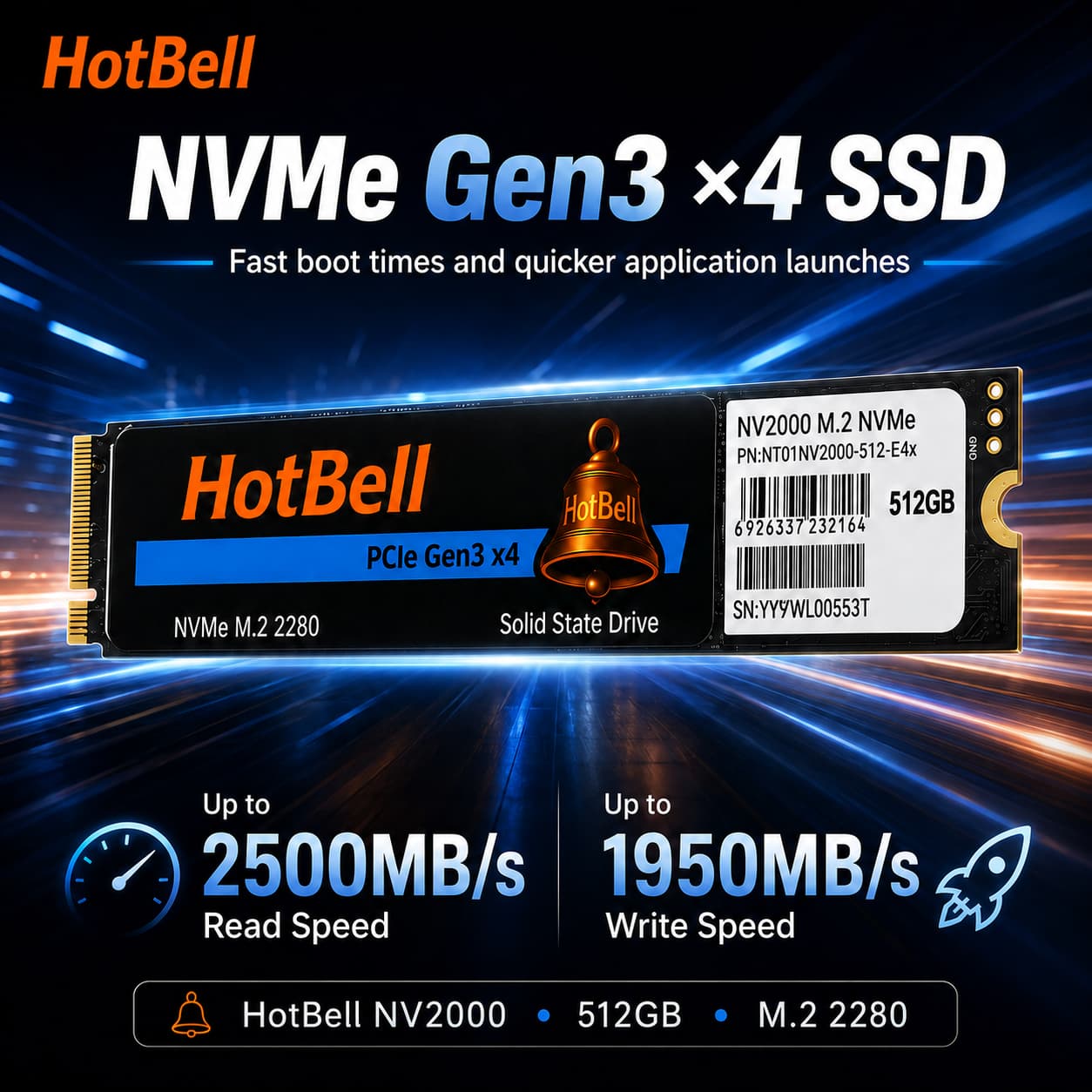 HotBell NV2000 512GB PCIe Gen3 x4 NVMe SSD with up to 2500 MB/s read speed and up to 1950 MB/s write speed.
