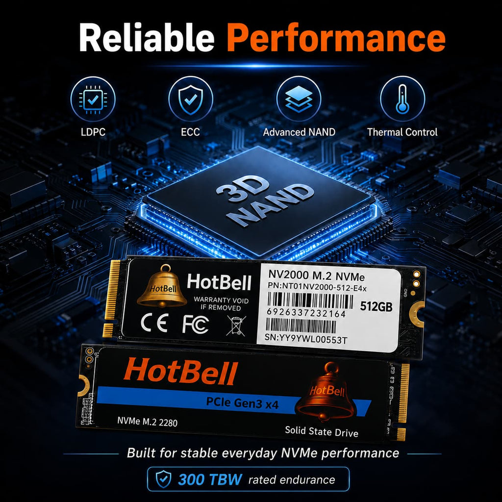 HotBell NV2000 512GB NVMe SSD highlighting LDPC, ECC, NAND storage, thermal control, and a rated endurance of 300 TBW.