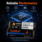 HotBell NV2000 512GB NVMe SSD highlighting LDPC, ECC, NAND storage, thermal control, and a rated endurance of 300 TBW.