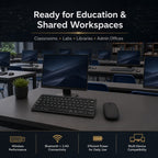 Computer setup on a desk with text about education and shared workspaces.
