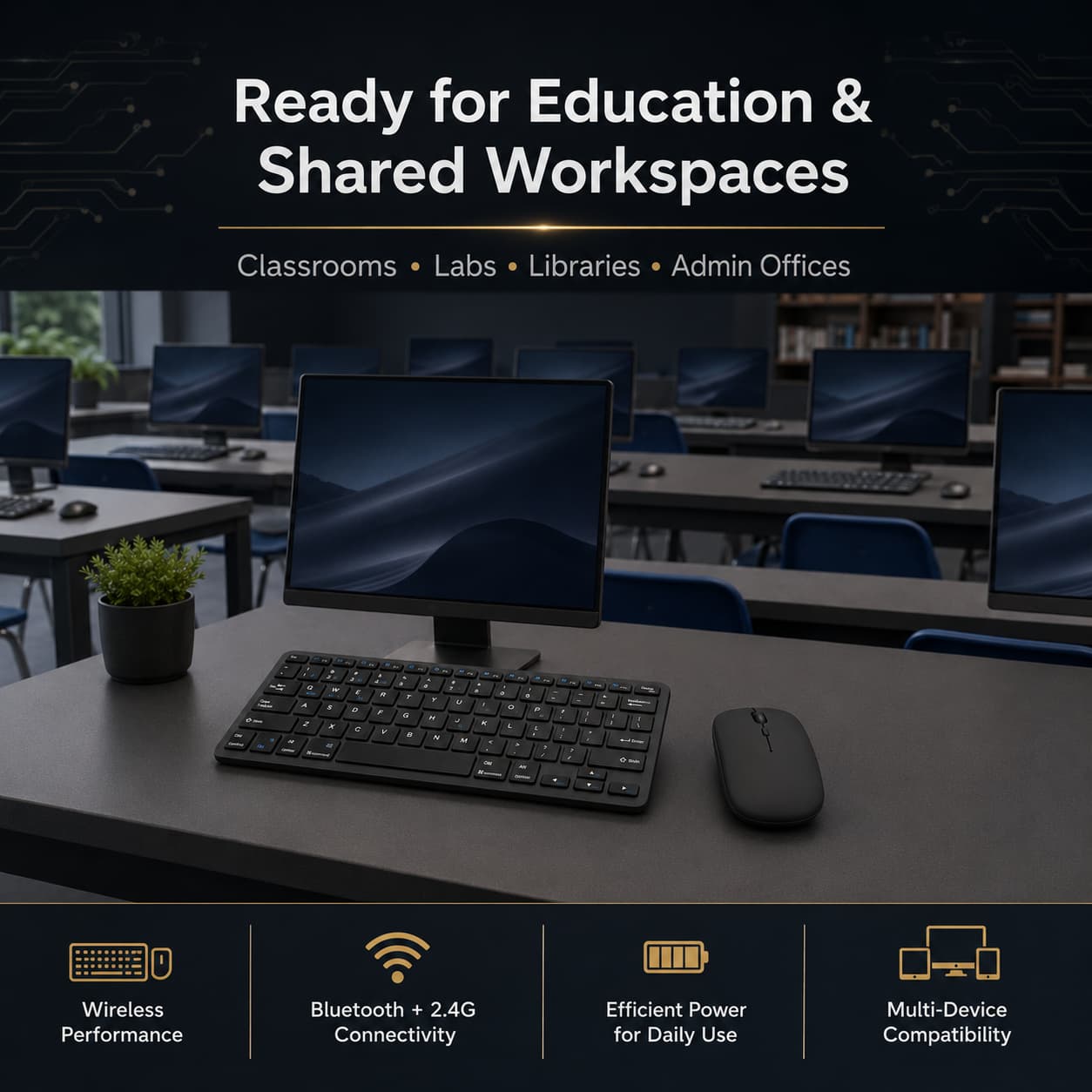 Computer setup on a desk with text about education and shared workspaces.