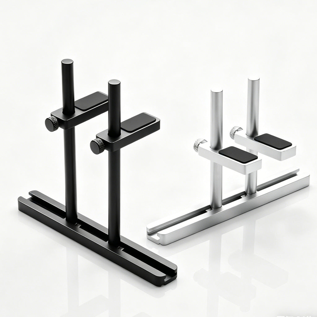 HotBell dual-post adjustable GPU support stands in black and silver finishes on a white background