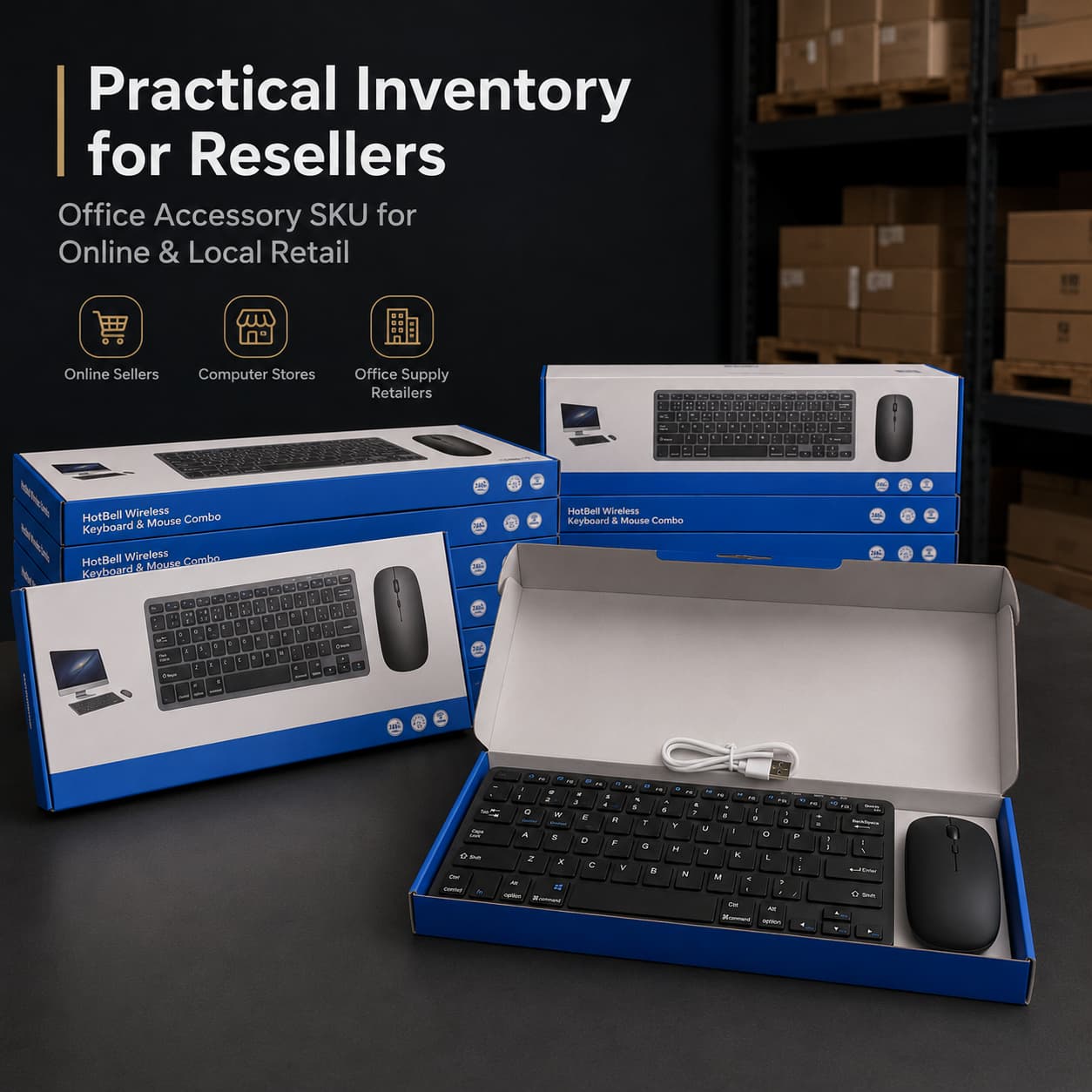 Keyboard and mouse set with open packaging in a warehouse setting