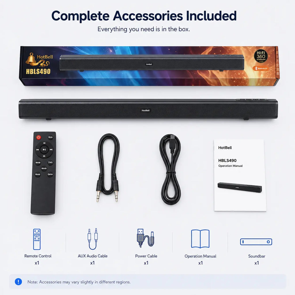 HotBell HBLS490 soundbar package with remote control, AUX cable, power cable and operation manual