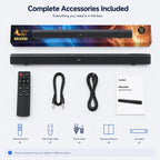 HotBell HBLS490 soundbar package with remote control, AUX cable, power cable and operation manual