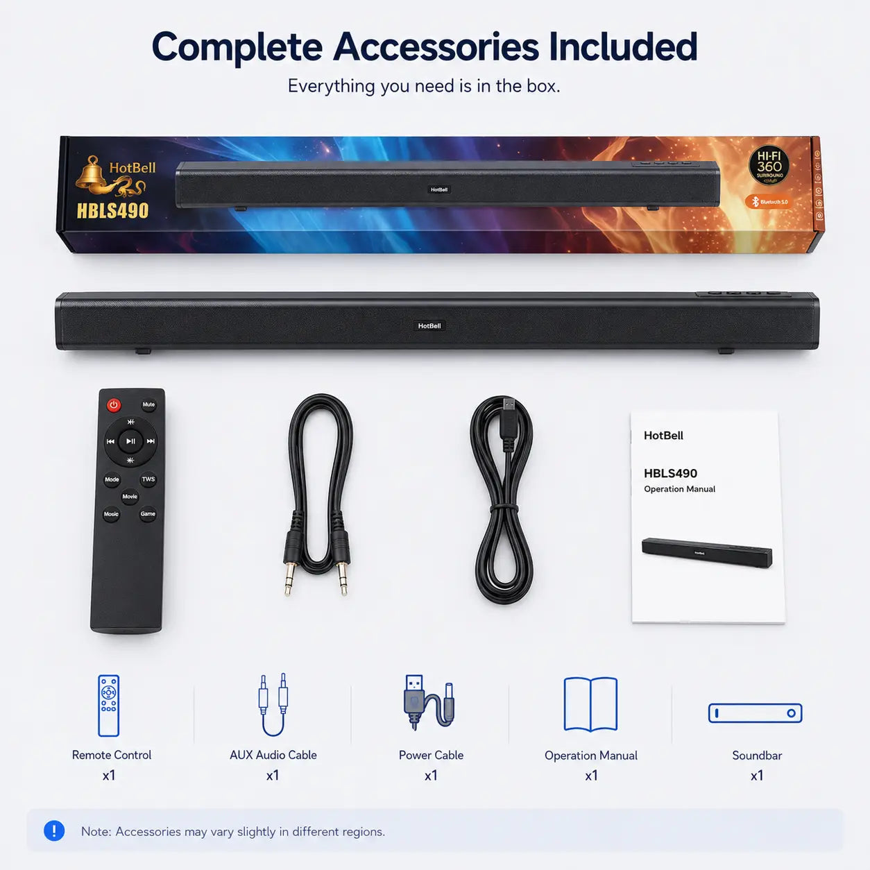 HotBell HBLS490 soundbar package with remote control, AUX cable, power cable and operation manual
